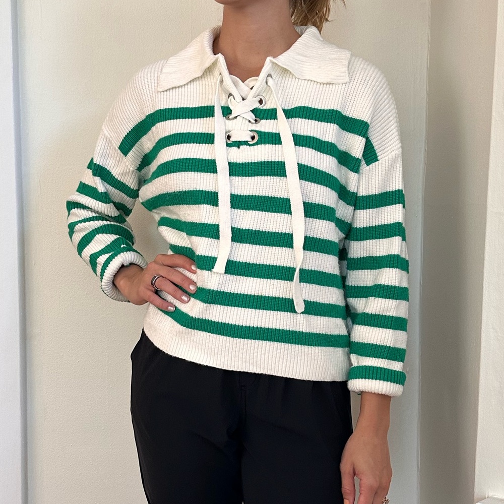 For The Republic Green and Cream Striped Sweater